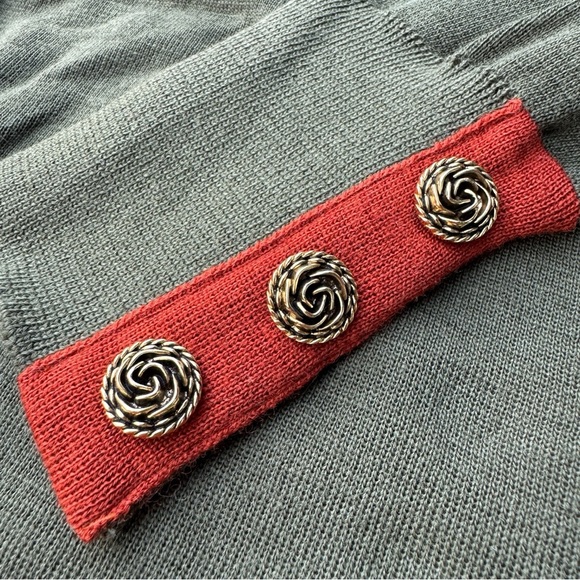 Olive Green Wool Knit Cardigan Contrast Hem Gold Buttons - Picture 6 of 11